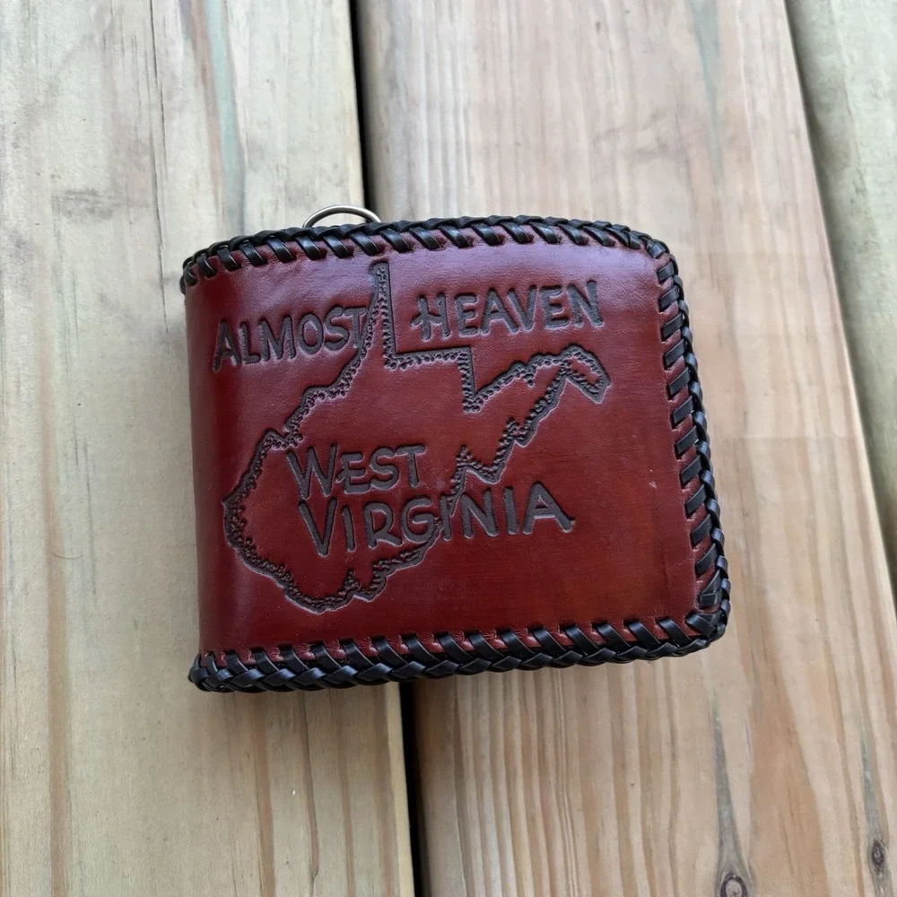 Vintage West Virginia Leather Wallet Bi Fold Whipstitch Hand Tooled USA Made